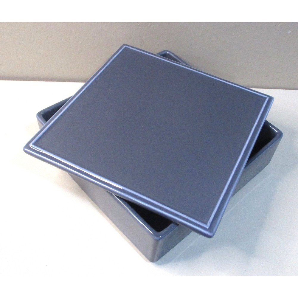 CB2 Slate Blue Gray Ceramic Square Storage Box with Lid White Trim Minimalist8x8